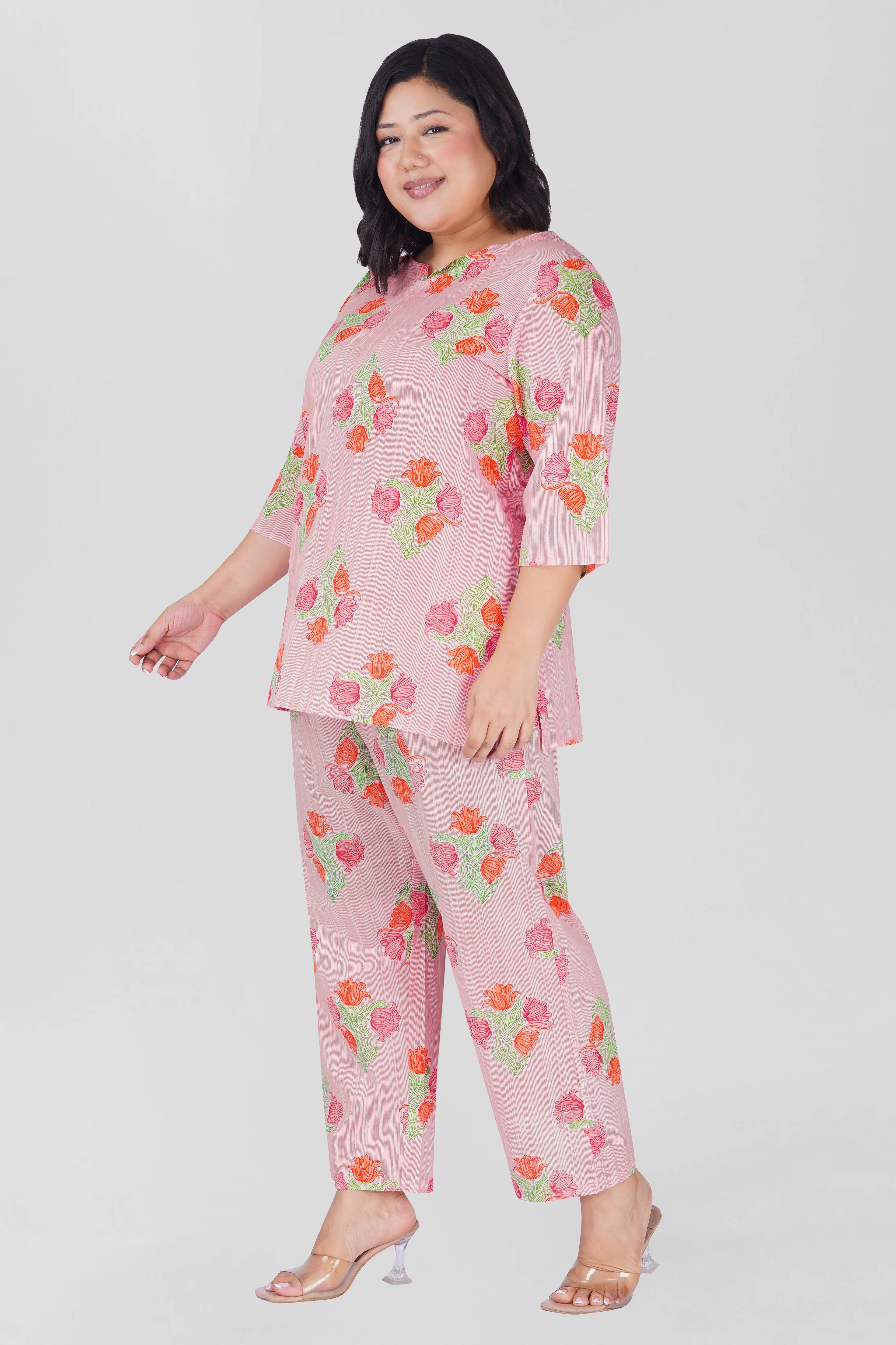 Soft Pink Plus Size Cotton Printed Pyjama Set