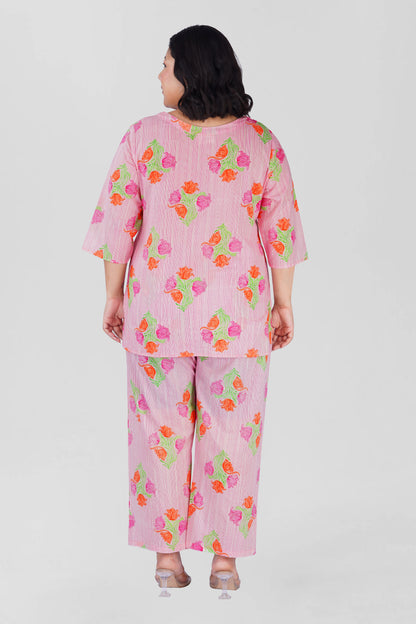 Soft Pink Plus Size Cotton Printed Pyjama Set