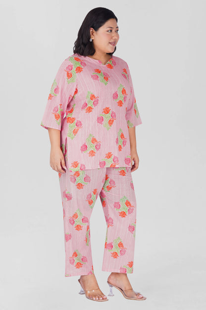 Soft Pink Plus Size Cotton Printed Pyjama Set