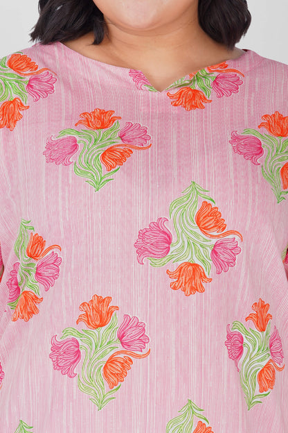 Soft Pink Plus Size Cotton Printed Pyjama Set