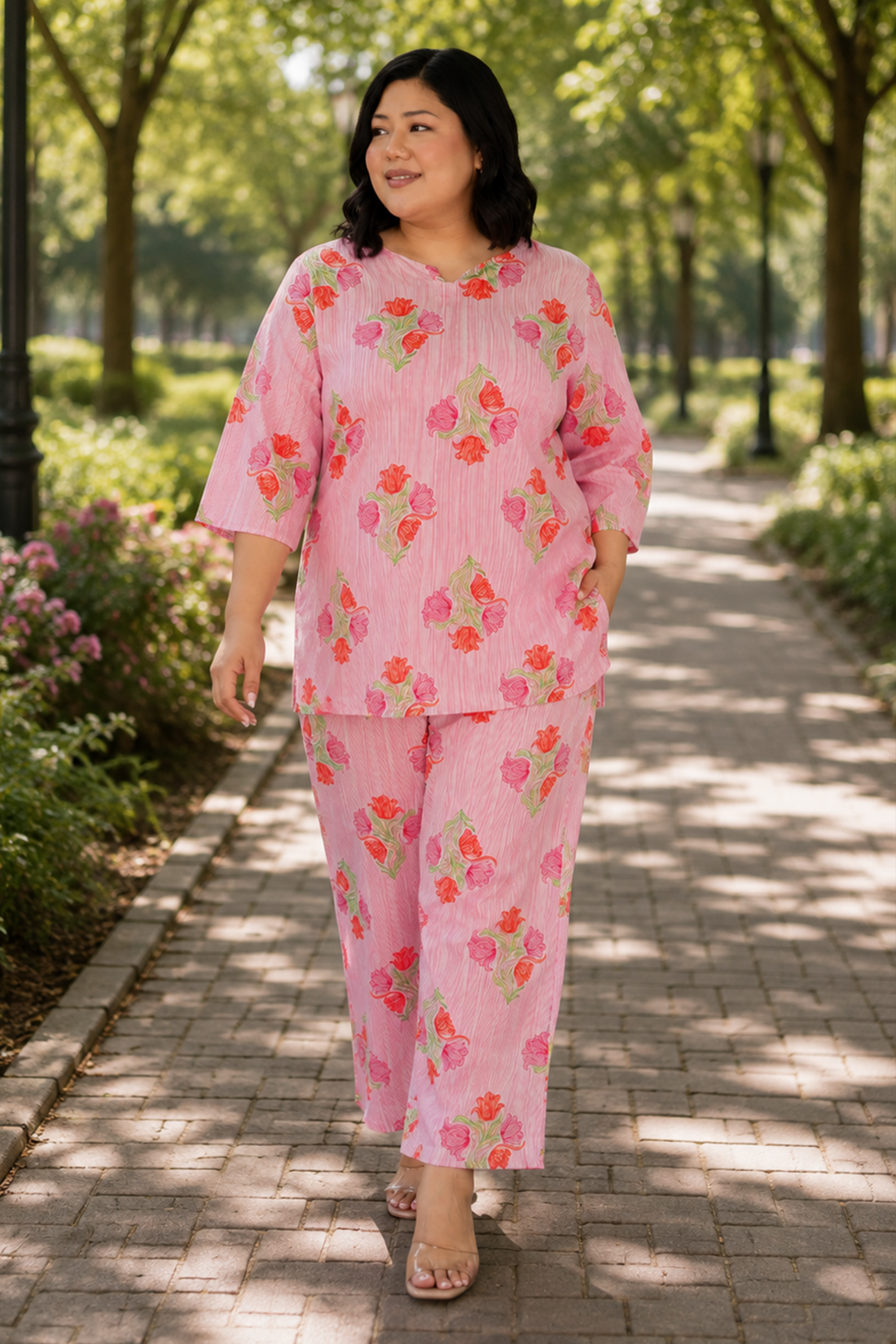 Soft Pink Plus Size Cotton Printed Pyjama Set