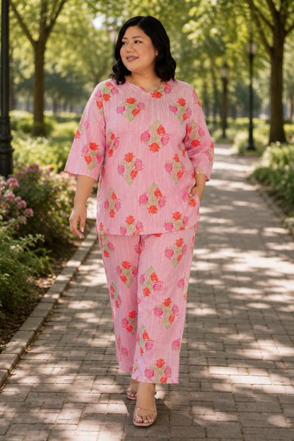 Soft Pink Plus Size Cotton Printed Pyjama Set