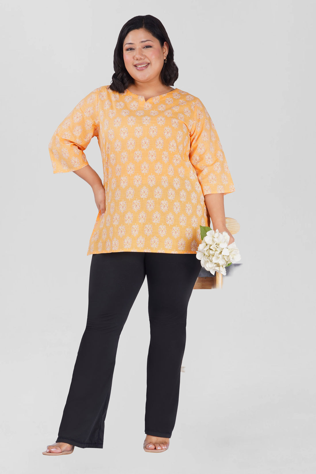 Soft Yellow Plus Size Cotton Printed Kurti