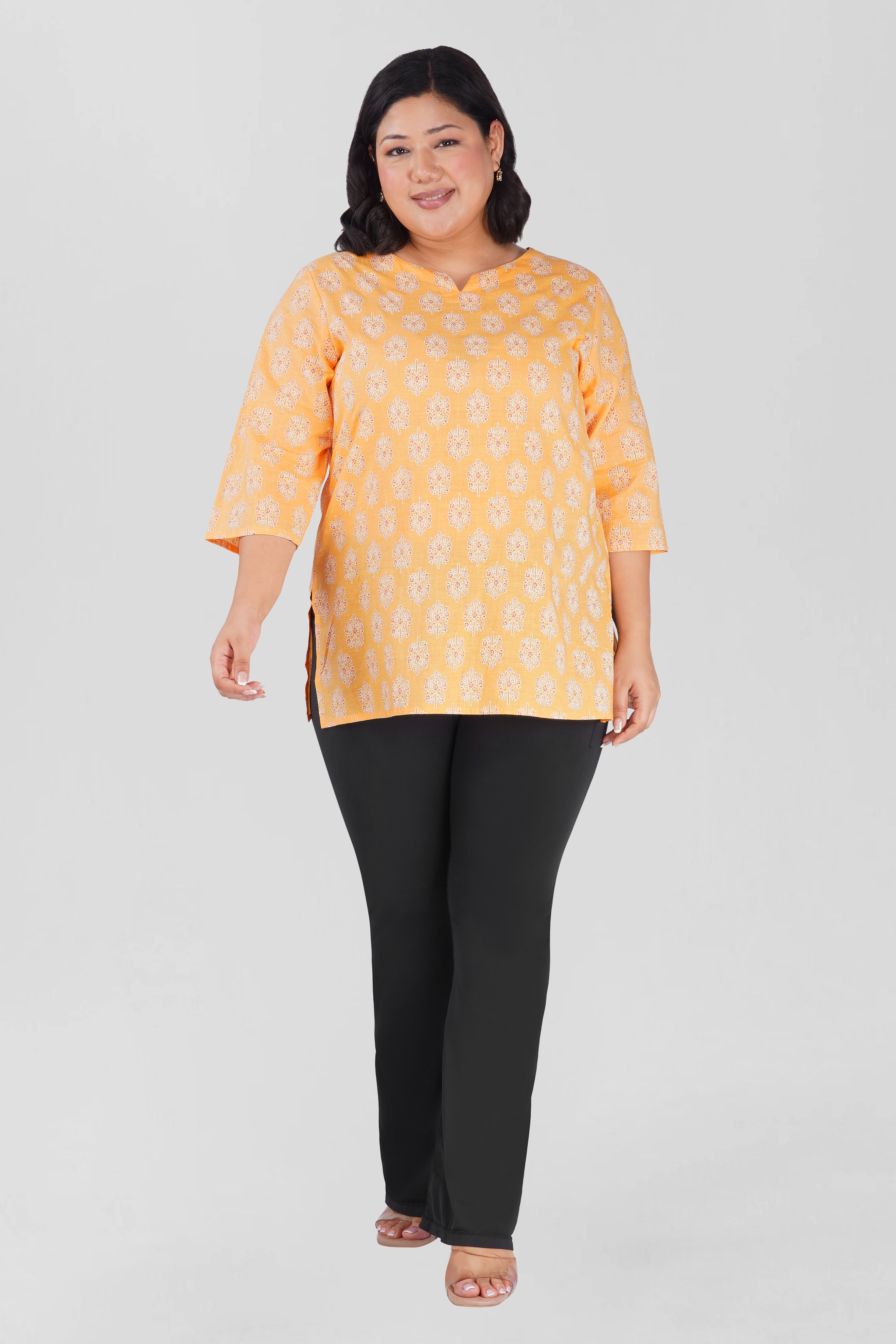 Soft Yellow Plus Size Cotton Printed Kurti