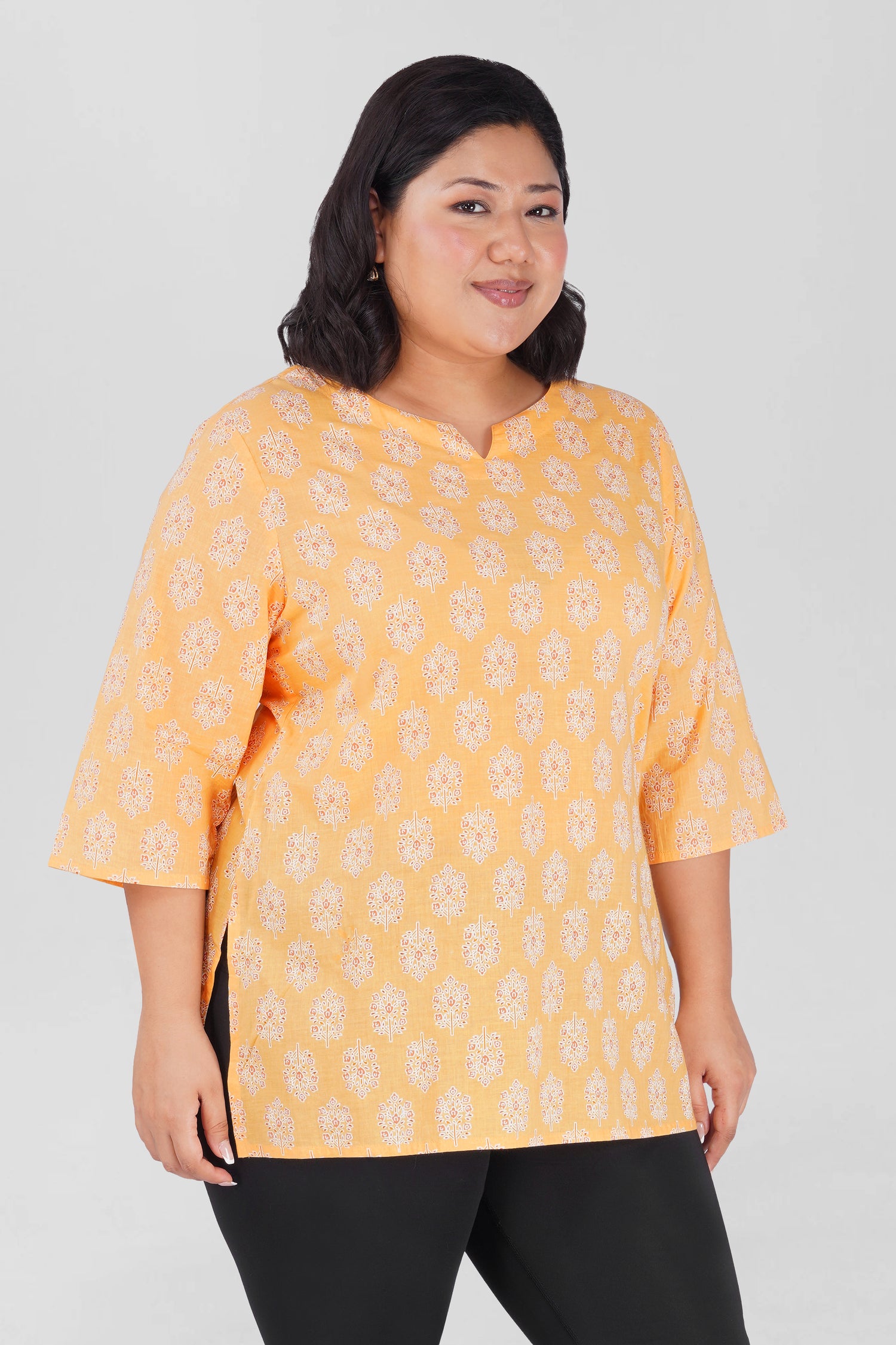 Soft Yellow Plus Size Cotton Printed Kurti