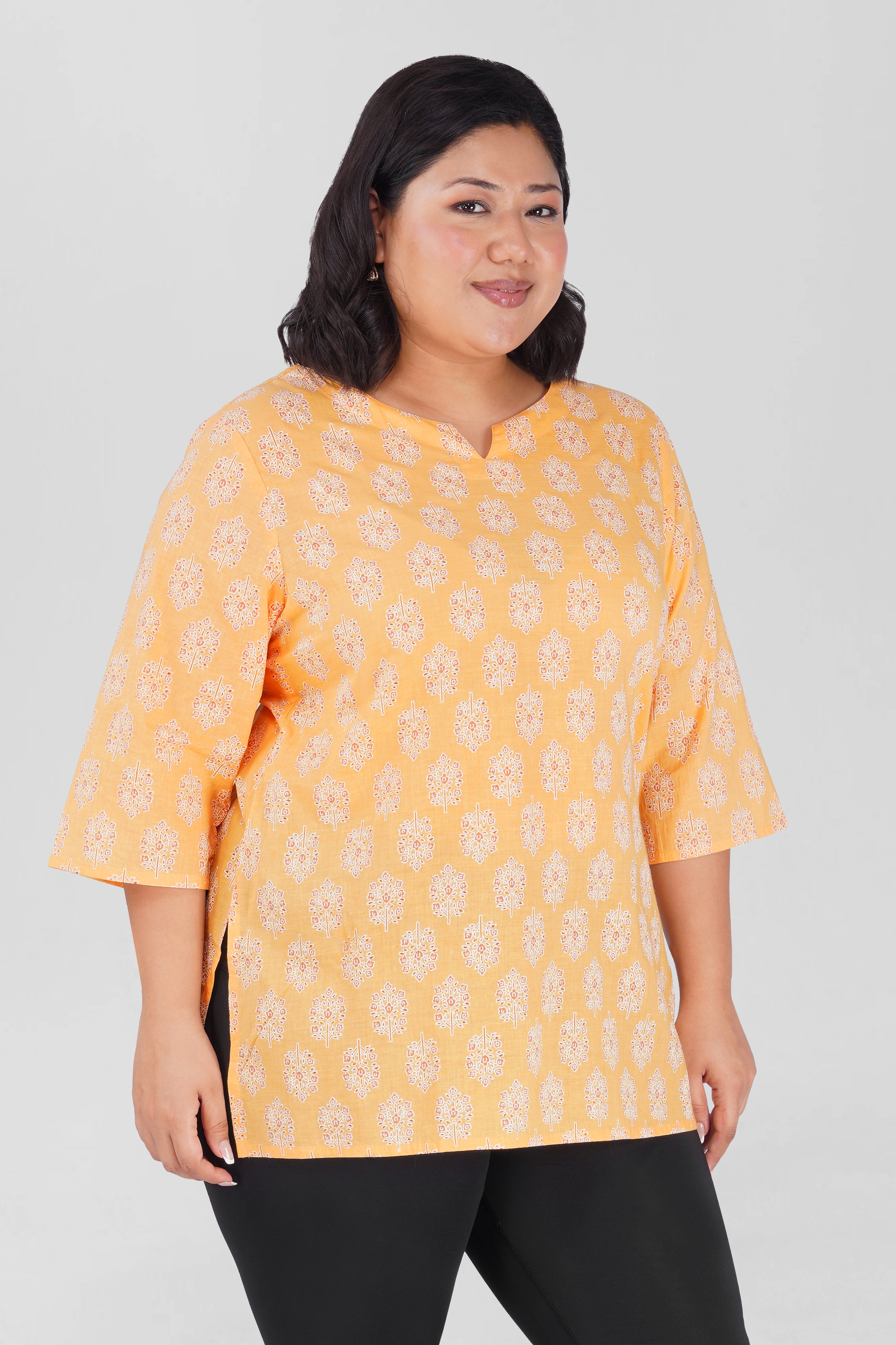 Soft Yellow Plus Size Cotton Printed Kurti