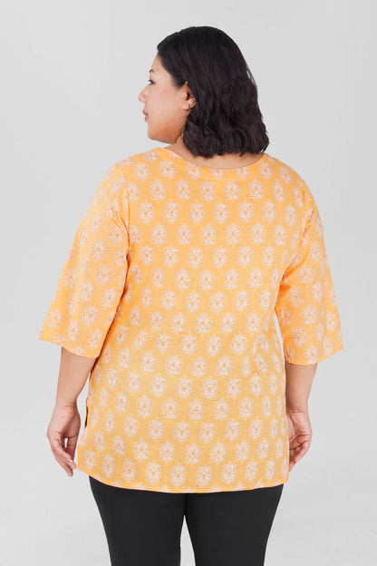 Soft Yellow Plus Size Cotton Printed Kurti