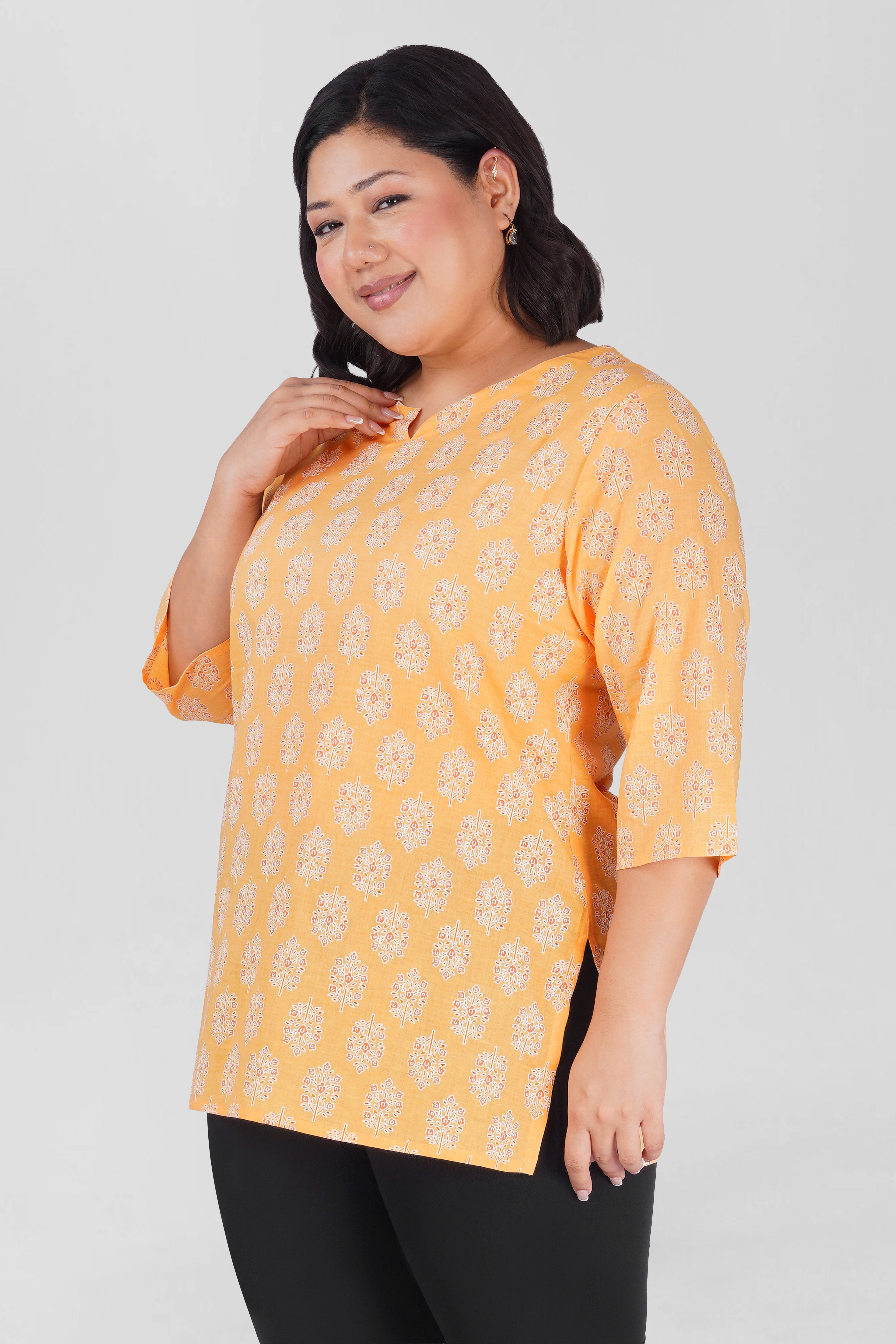Soft Yellow Plus Size Cotton Printed Kurti