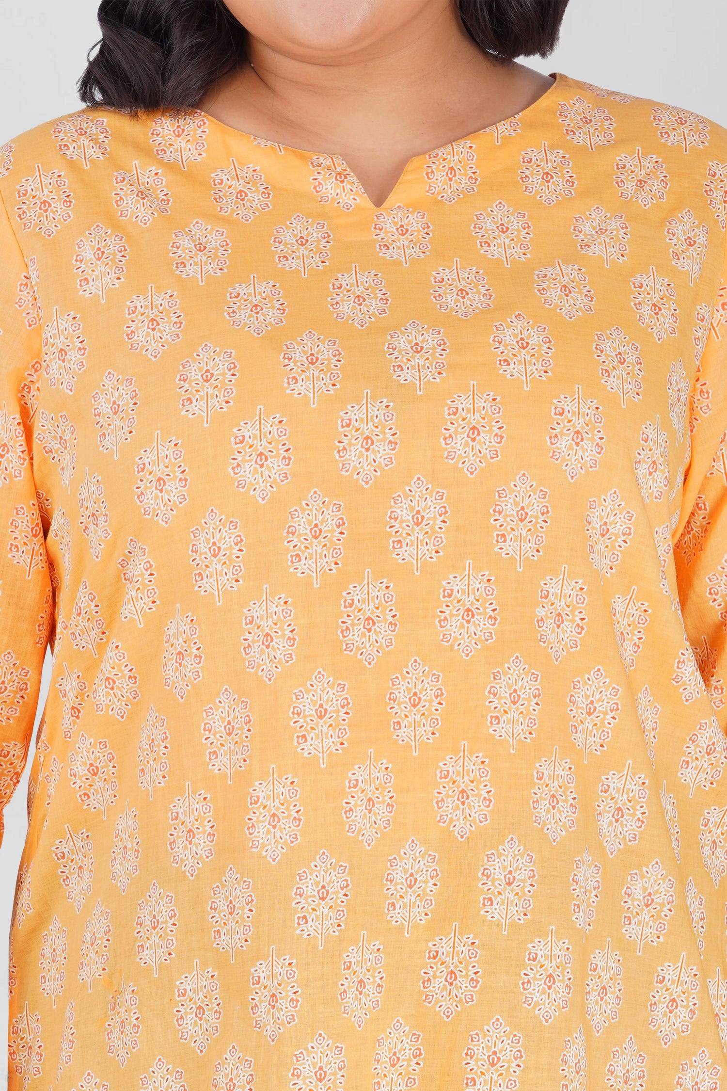 Soft Yellow Plus Size Cotton Printed Kurti