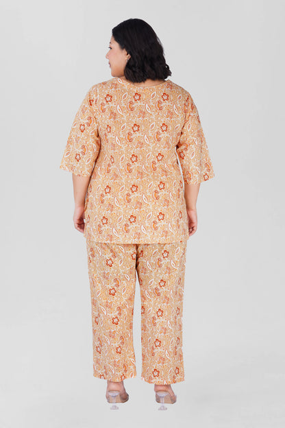Soft Yellow Plus Size Cotton Printed Pyjama Set