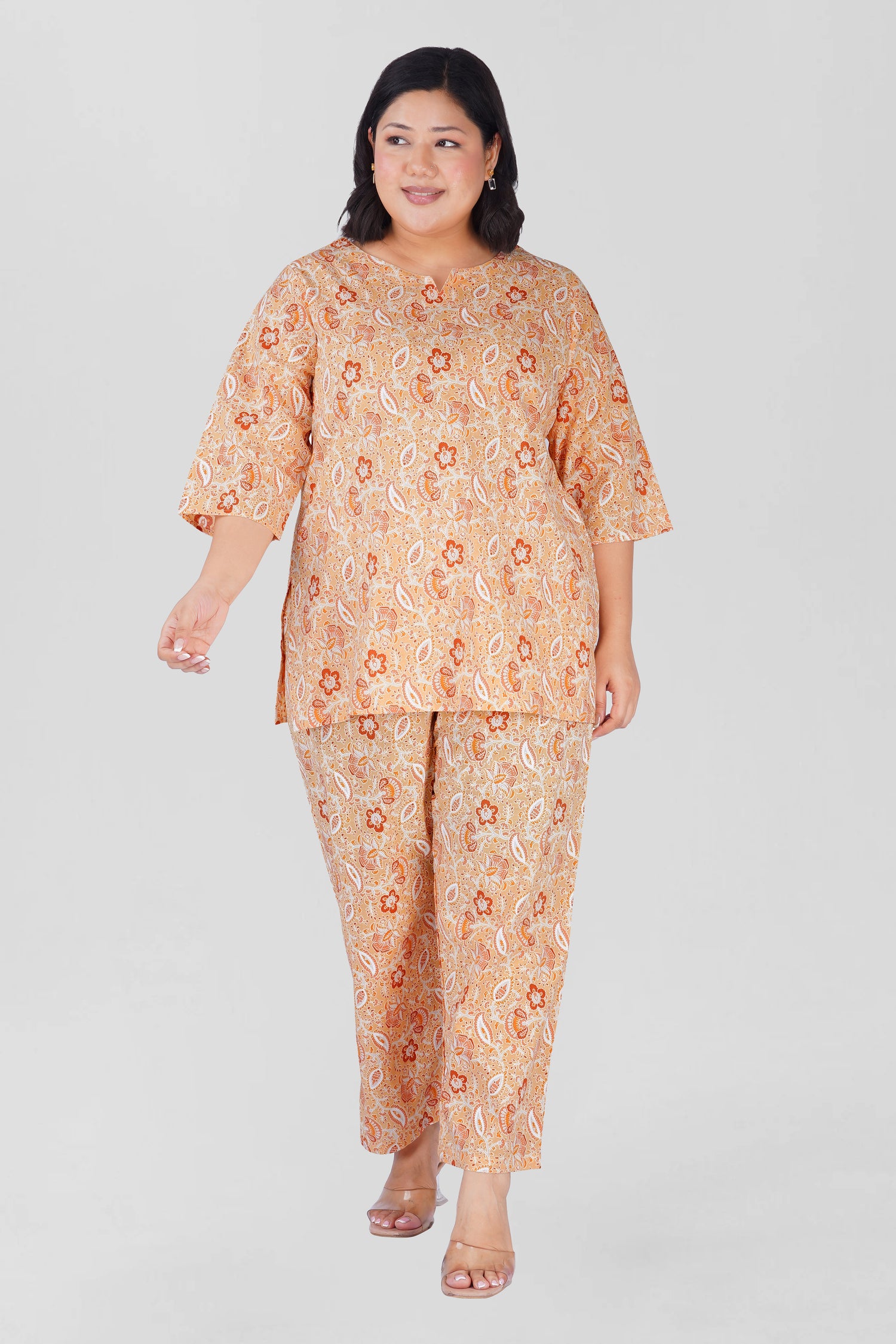 Soft Yellow Plus Size Cotton Printed Pyjama Set