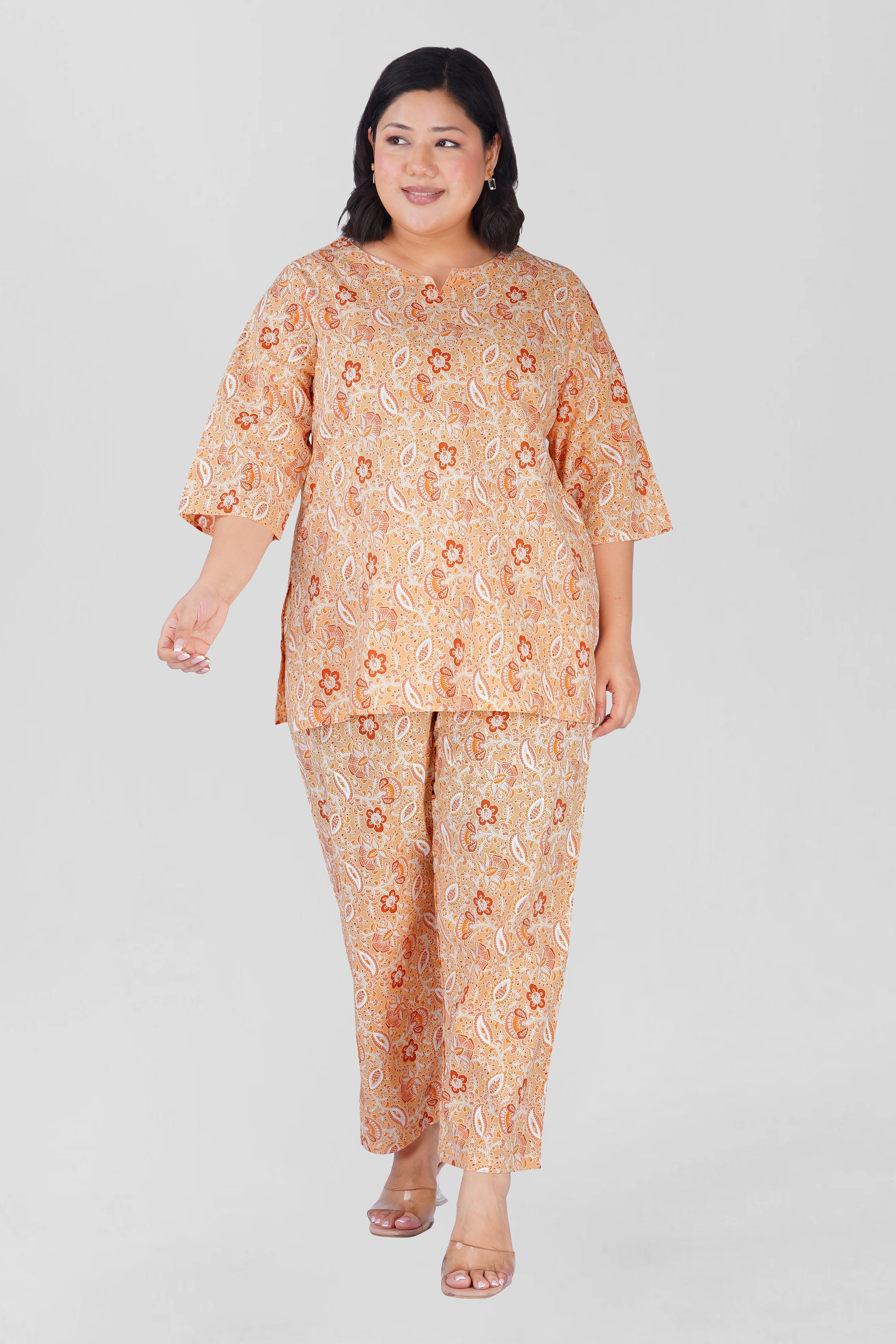 Soft Yellow Plus Size Cotton Printed Pyjama Set