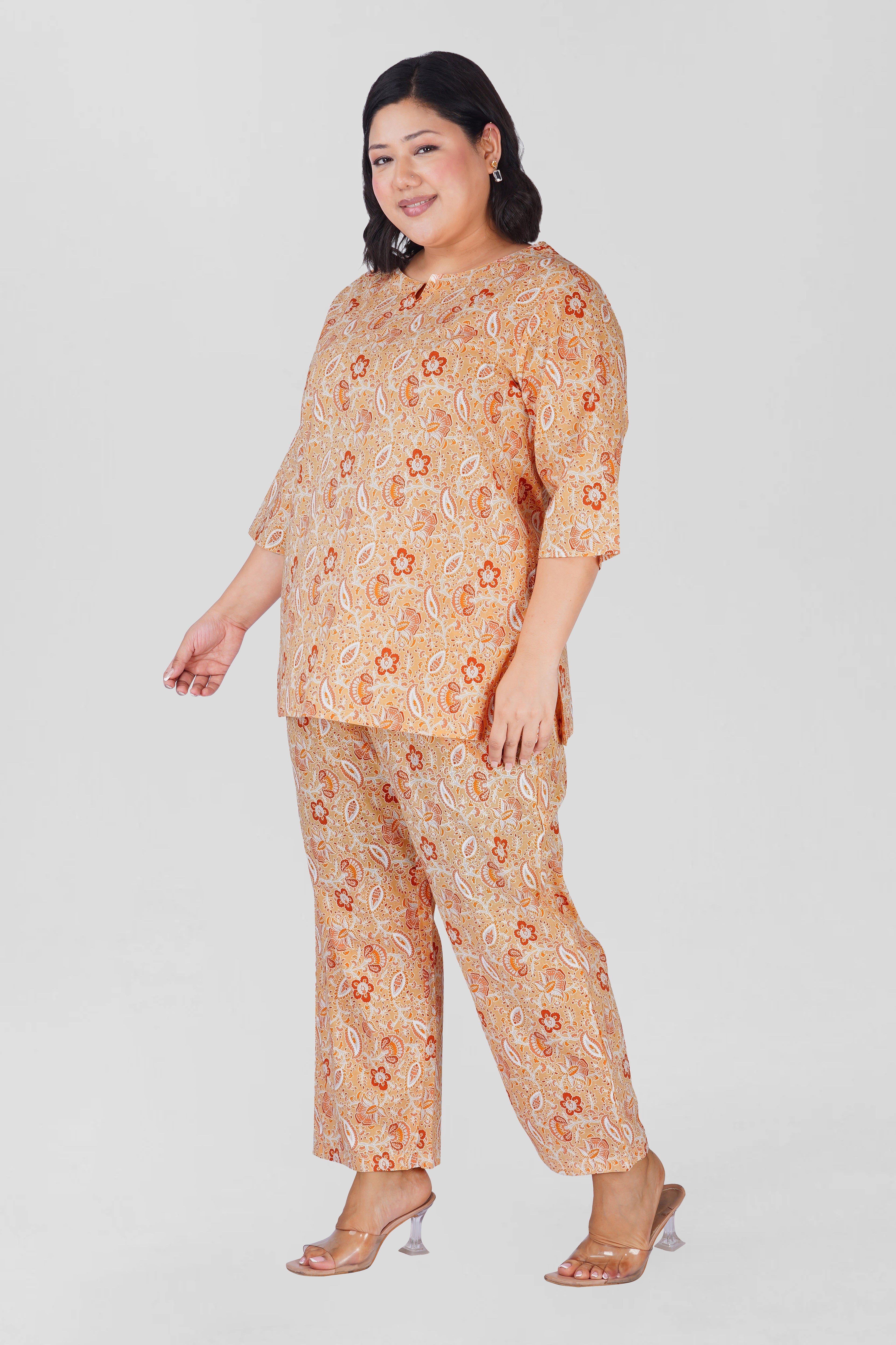 Soft Yellow Plus Size Cotton Printed Pyjama Set