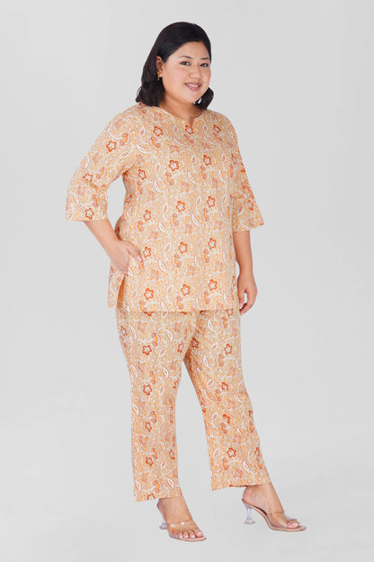 Soft Yellow Plus Size Cotton Printed Pyjama Set