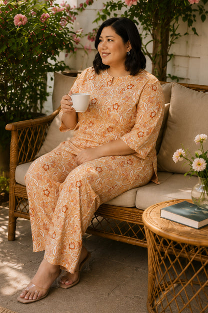 Soft Yellow Plus Size Cotton Printed Pyjama Set
