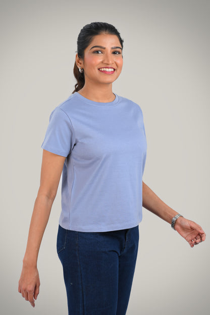 Steel Blue Cotton Crew Neck T-Shirt