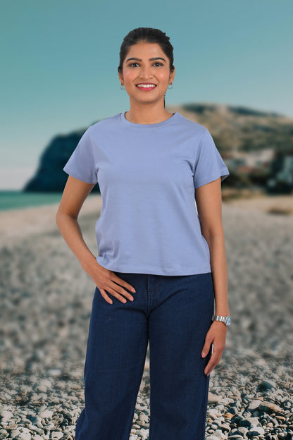 Steel Blue Cotton Crew Neck T-Shirt