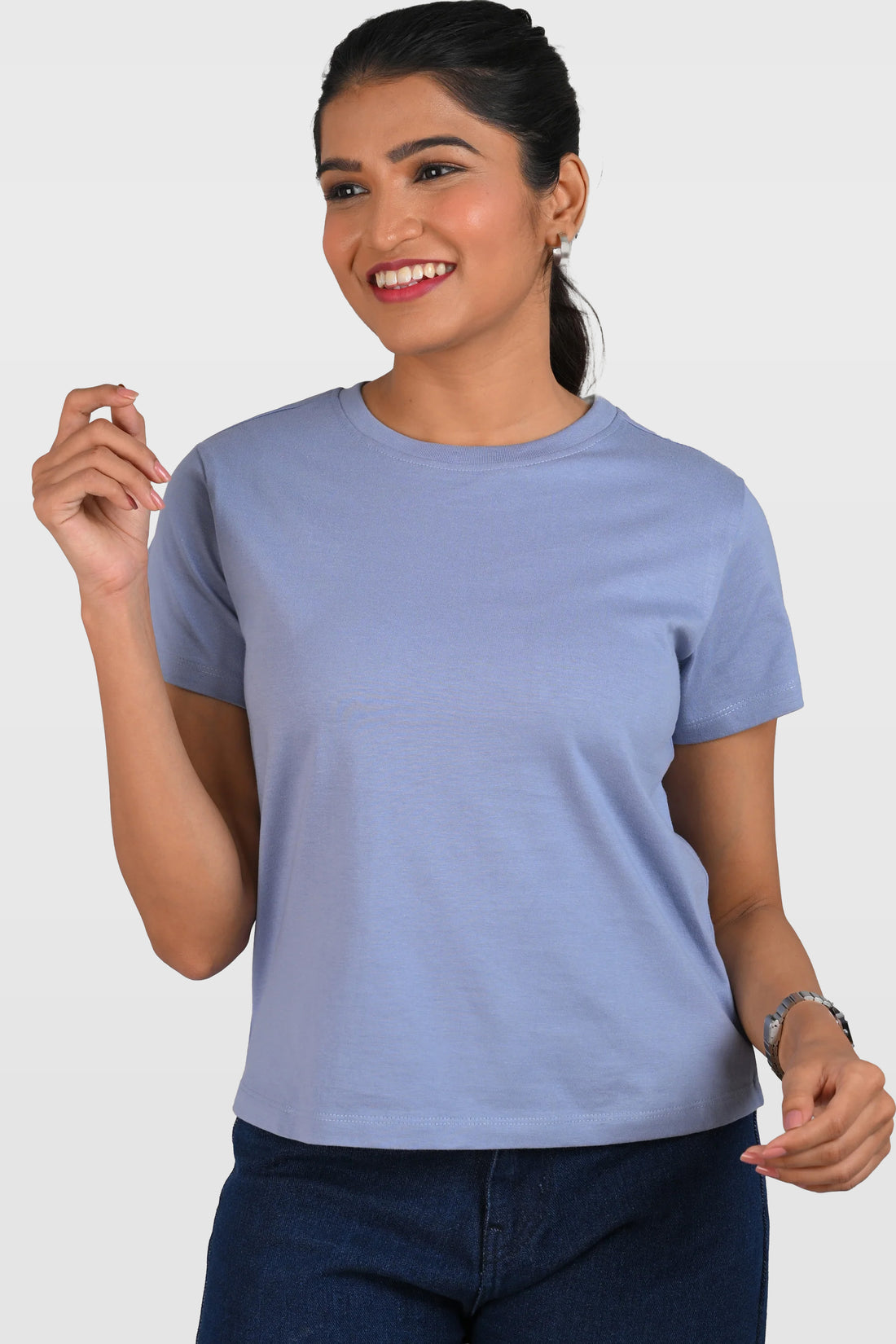Steel Blue Cotton Crew Neck T-Shirt
