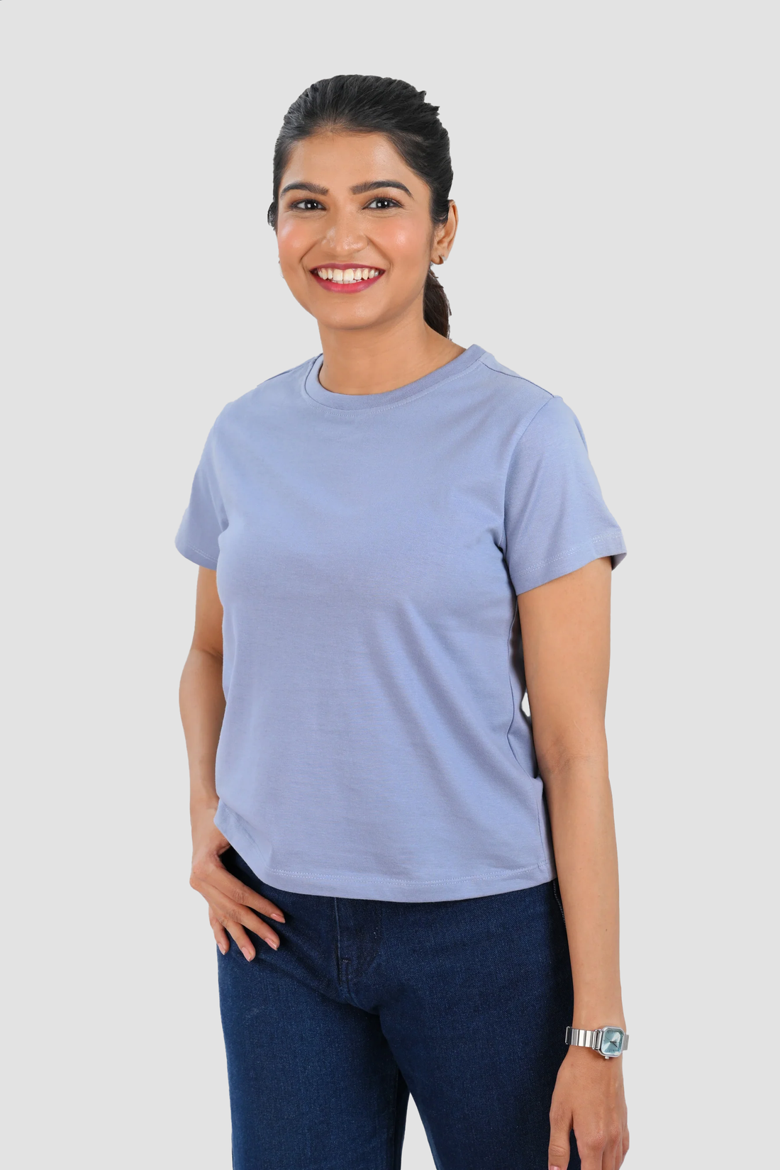 Steel Blue Cotton Crew Neck T-Shirt