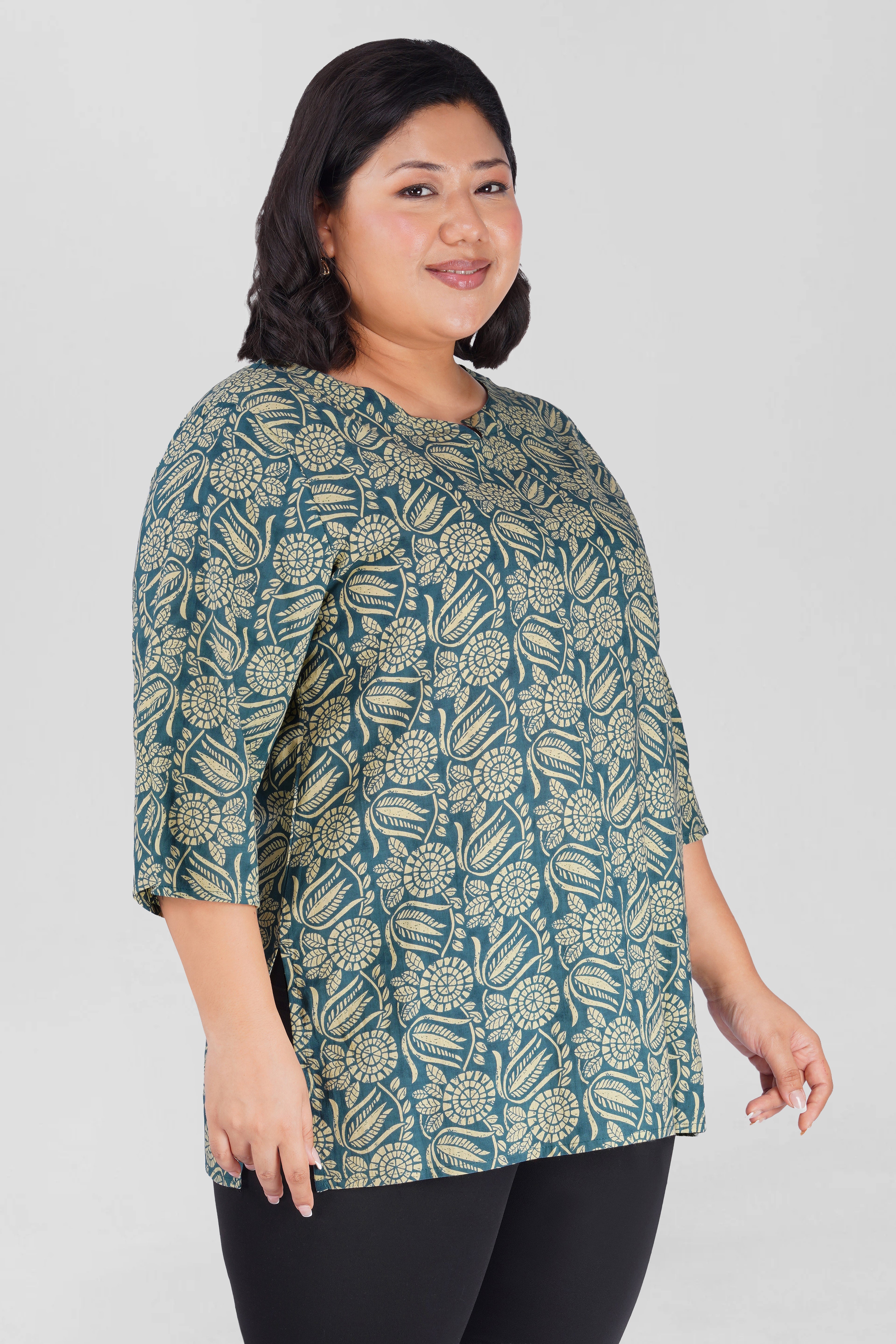 Steel Blue Plus Size Cotton Printed Kurti