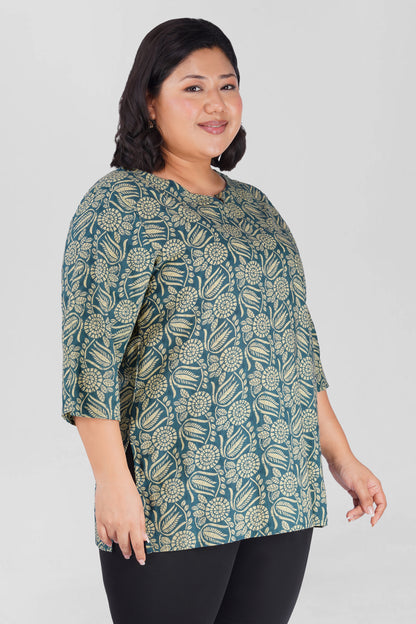 Steel Blue Plus Size Cotton Printed Kurti