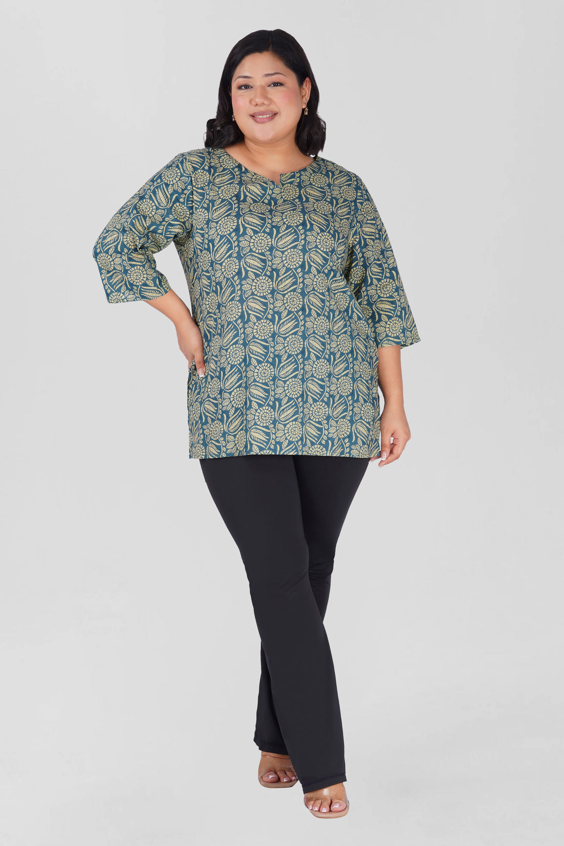 Steel Blue Plus Size Cotton Printed Kurti