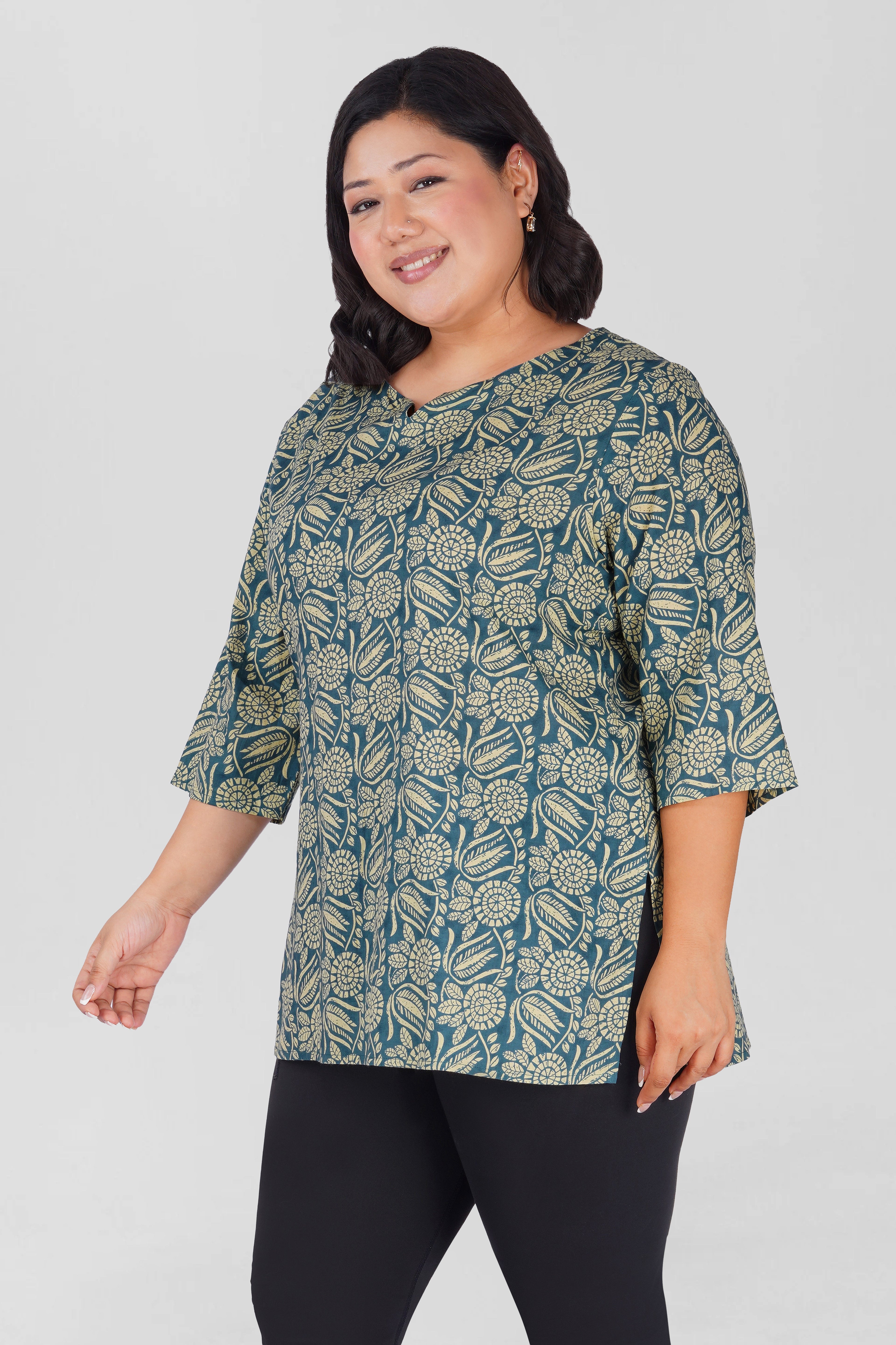 Steel Blue Plus Size Cotton Printed Kurti