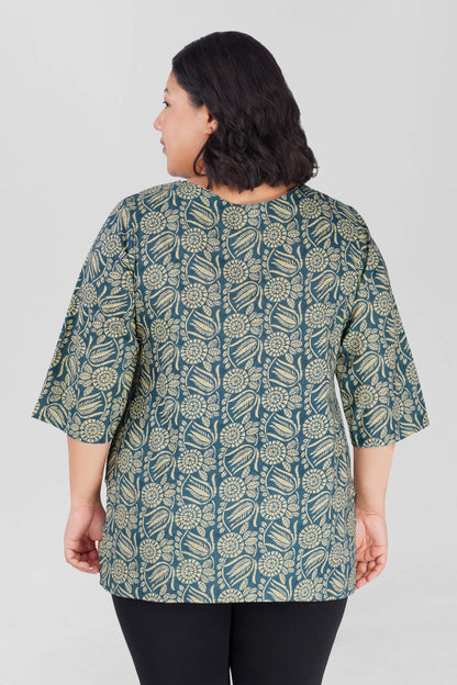 Steel Blue Plus Size Cotton Printed Kurti