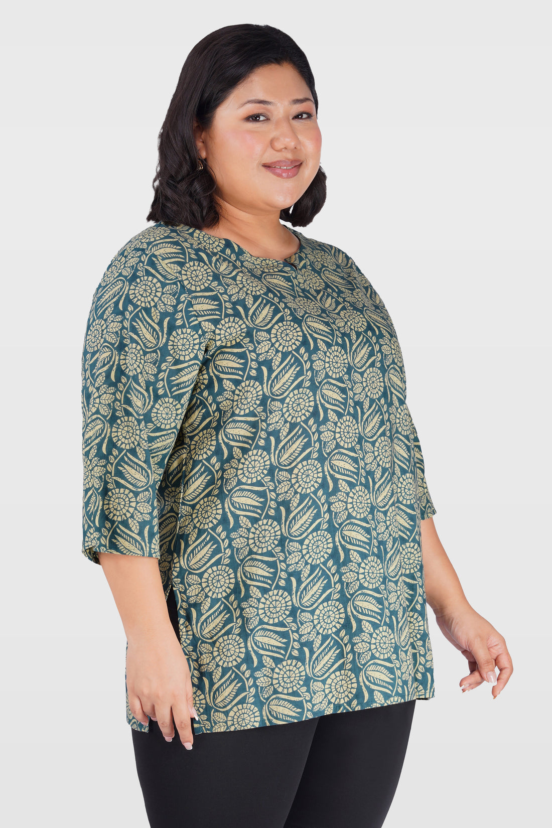 Steel Blue Plus Size Cotton Printed Kurti
