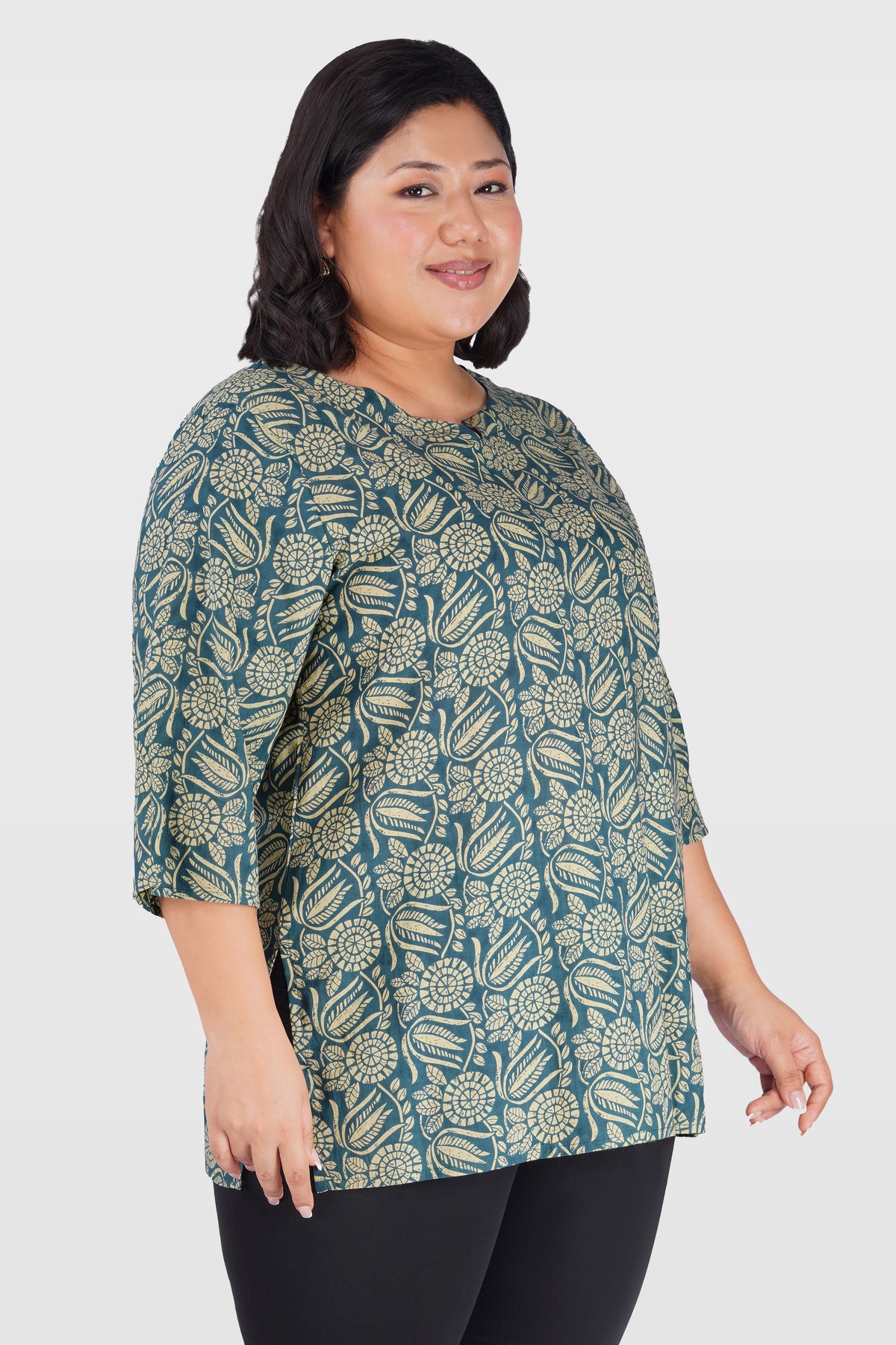 Steel Blue Plus Size Cotton Printed Kurti
