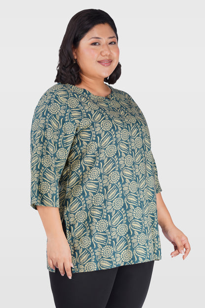 Steel Blue Plus Size Cotton Printed Kurti