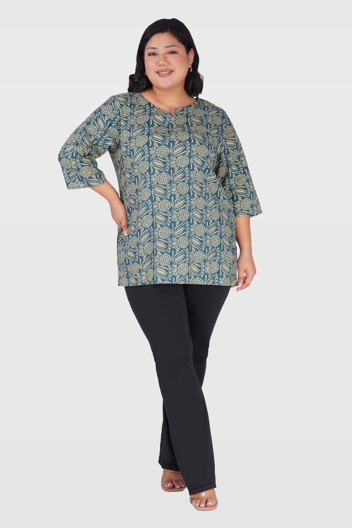 Steel Blue Plus Size Cotton Printed Kurti