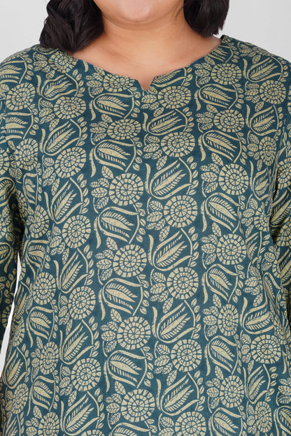 Steel Blue Plus Size Cotton Printed Kurti