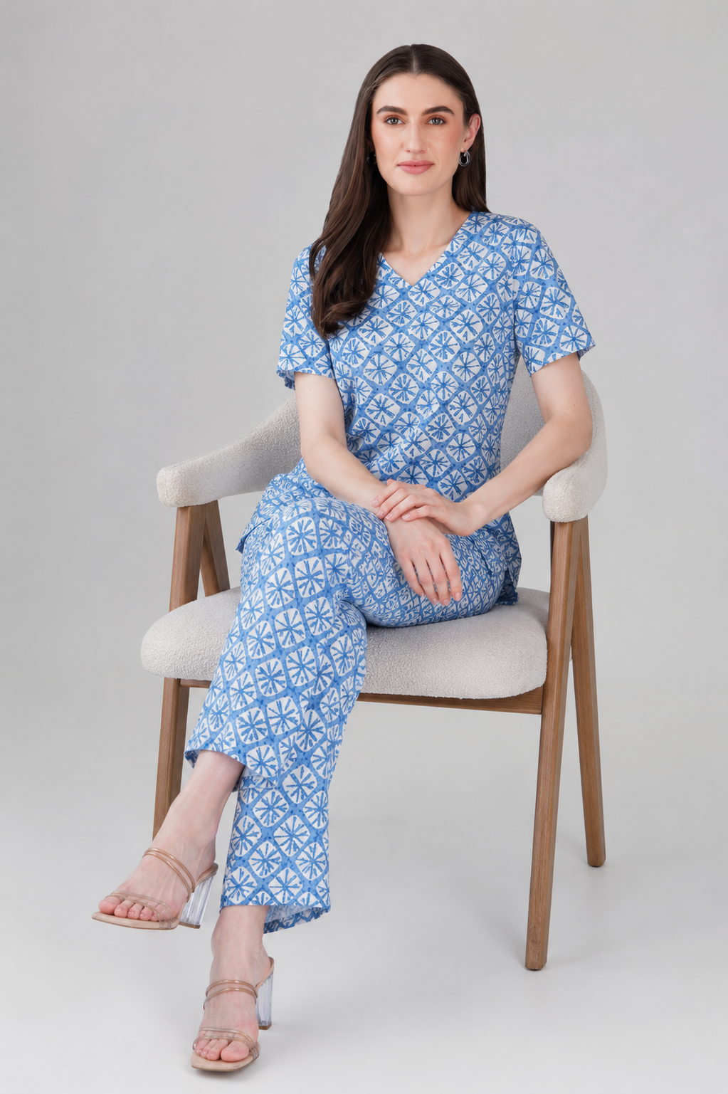 Steel Blue V Neck Cotton Printed Pyjama Set