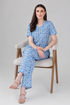 Steel Blue V Neck Cotton Printed Pyjama Set