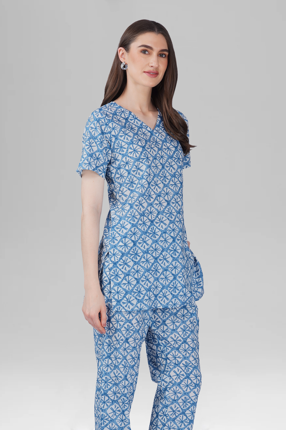 Steel Blue V Neck Cotton Printed Pyjama Set