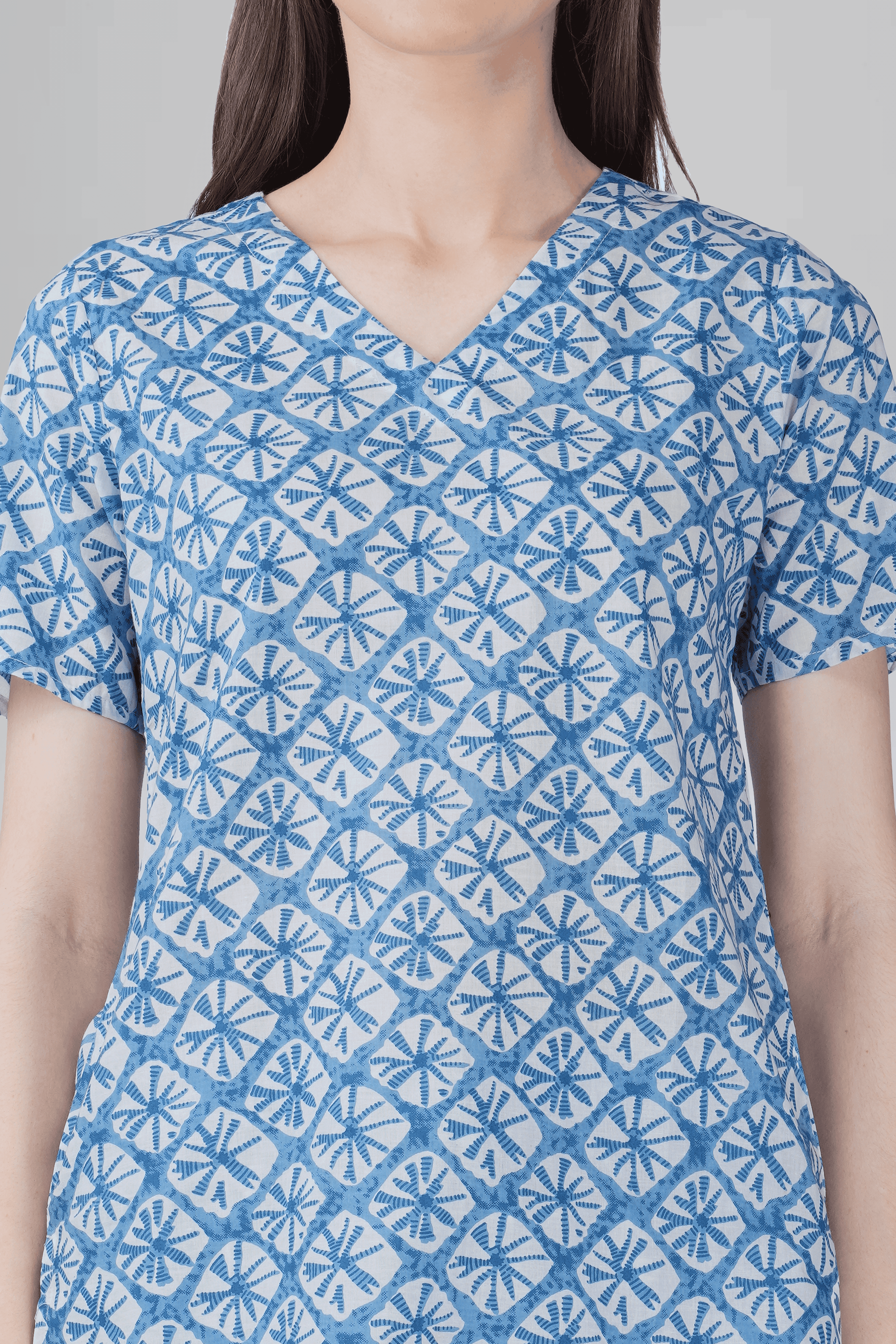 Steel Blue V Neck Cotton Printed Pyjama Set