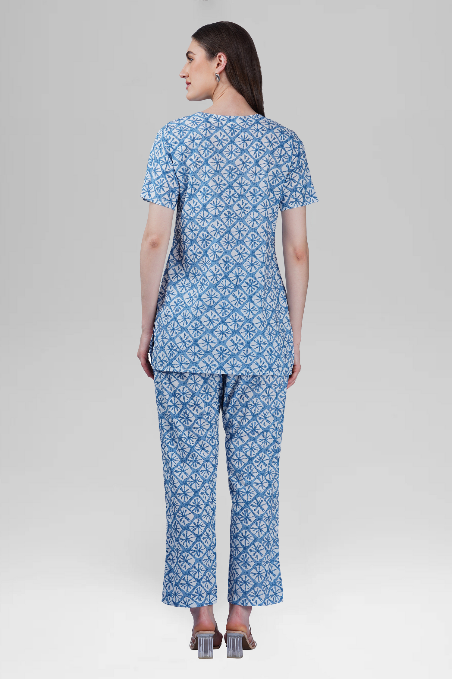Steel Blue V Neck Cotton Printed Pyjama Set