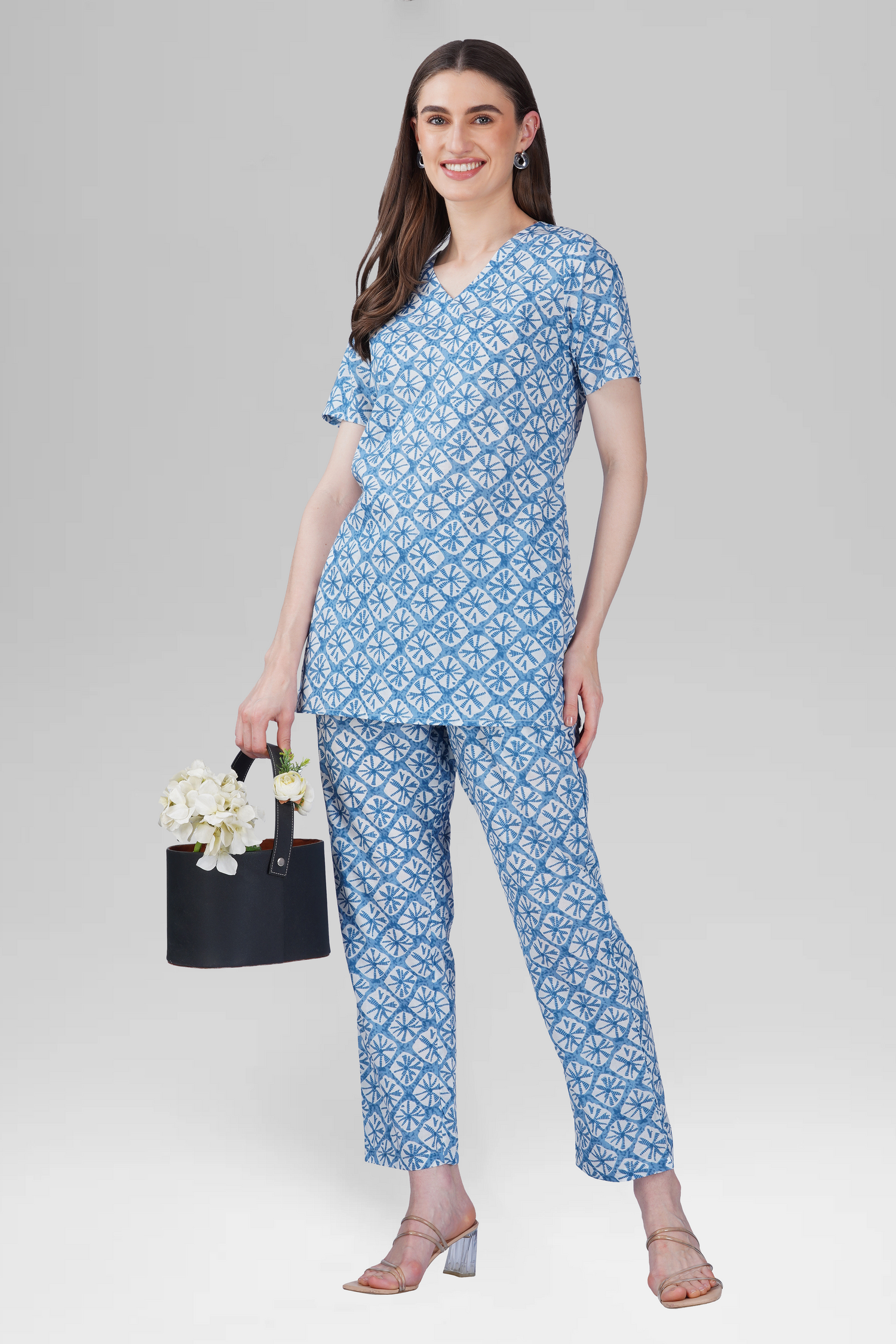 Steel Blue V Neck Cotton Printed Pyjama Set