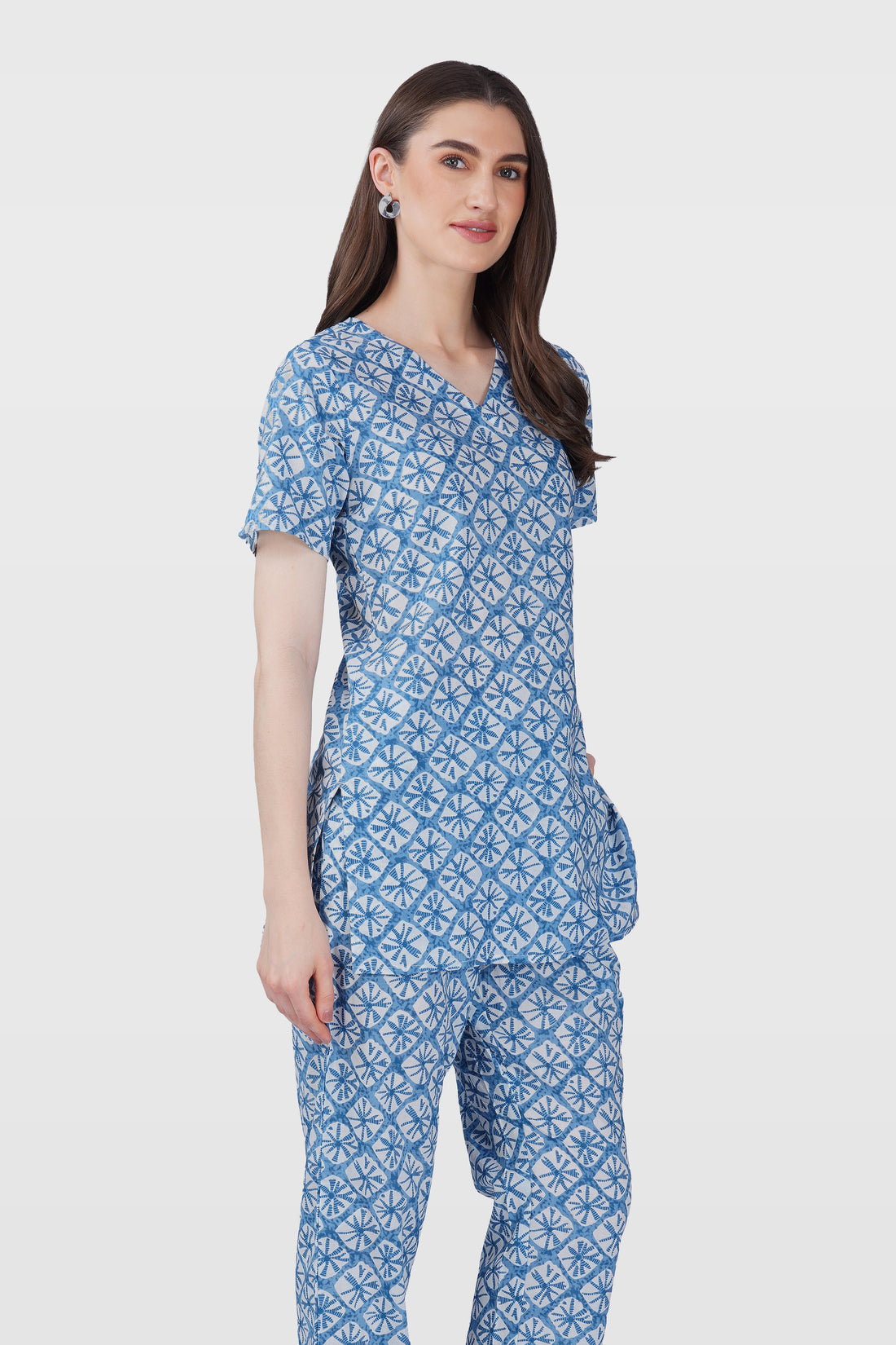 Steel Blue V Neck Cotton Printed Pyjama Set
