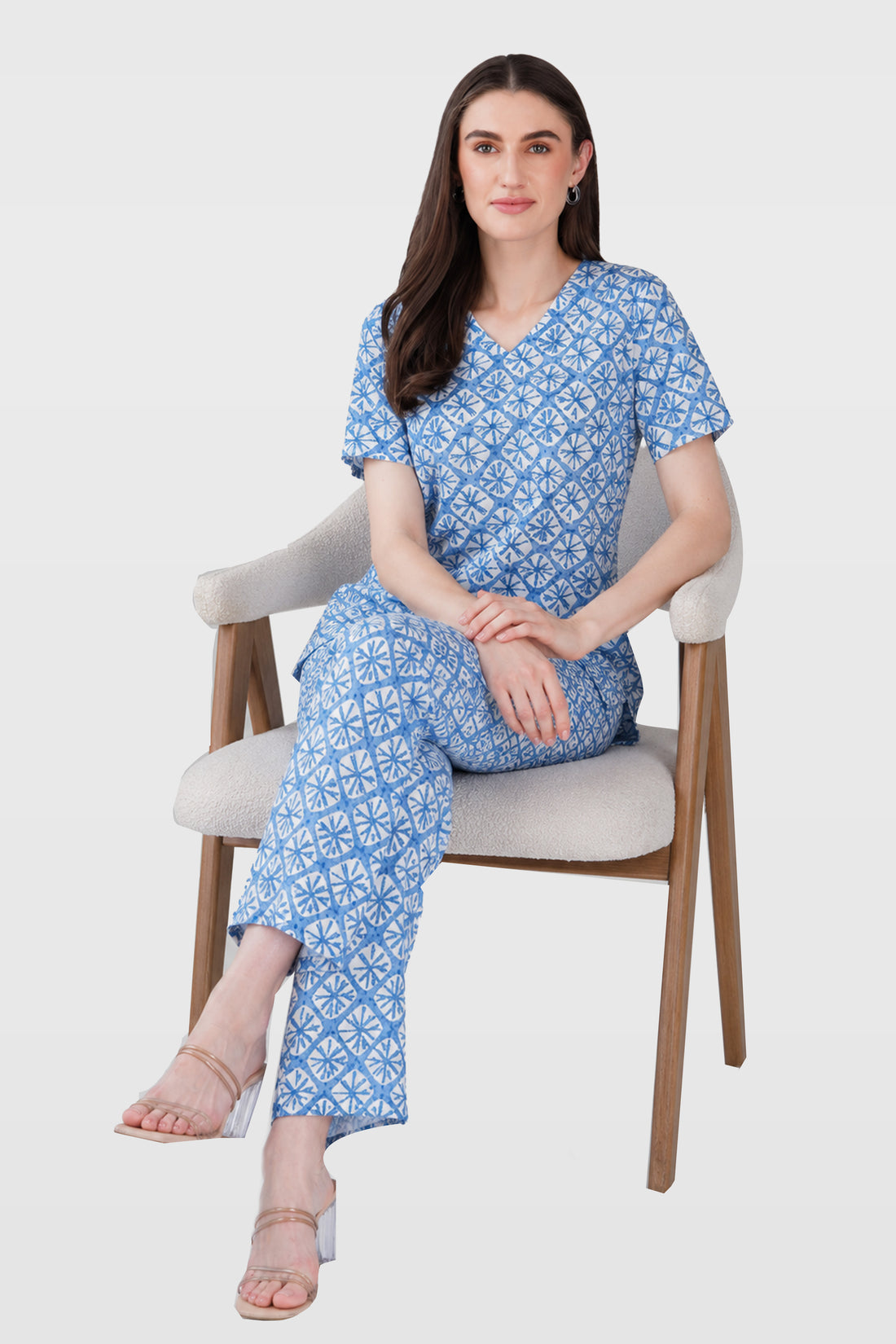 Steel Blue V Neck Cotton Printed Pyjama Set