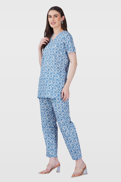 Steel Blue V Neck Cotton Printed Pyjama Set