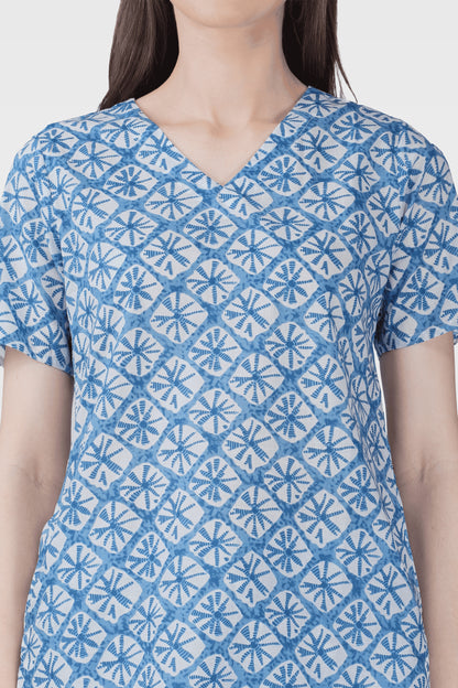 Steel Blue V Neck Cotton Printed Pyjama Set