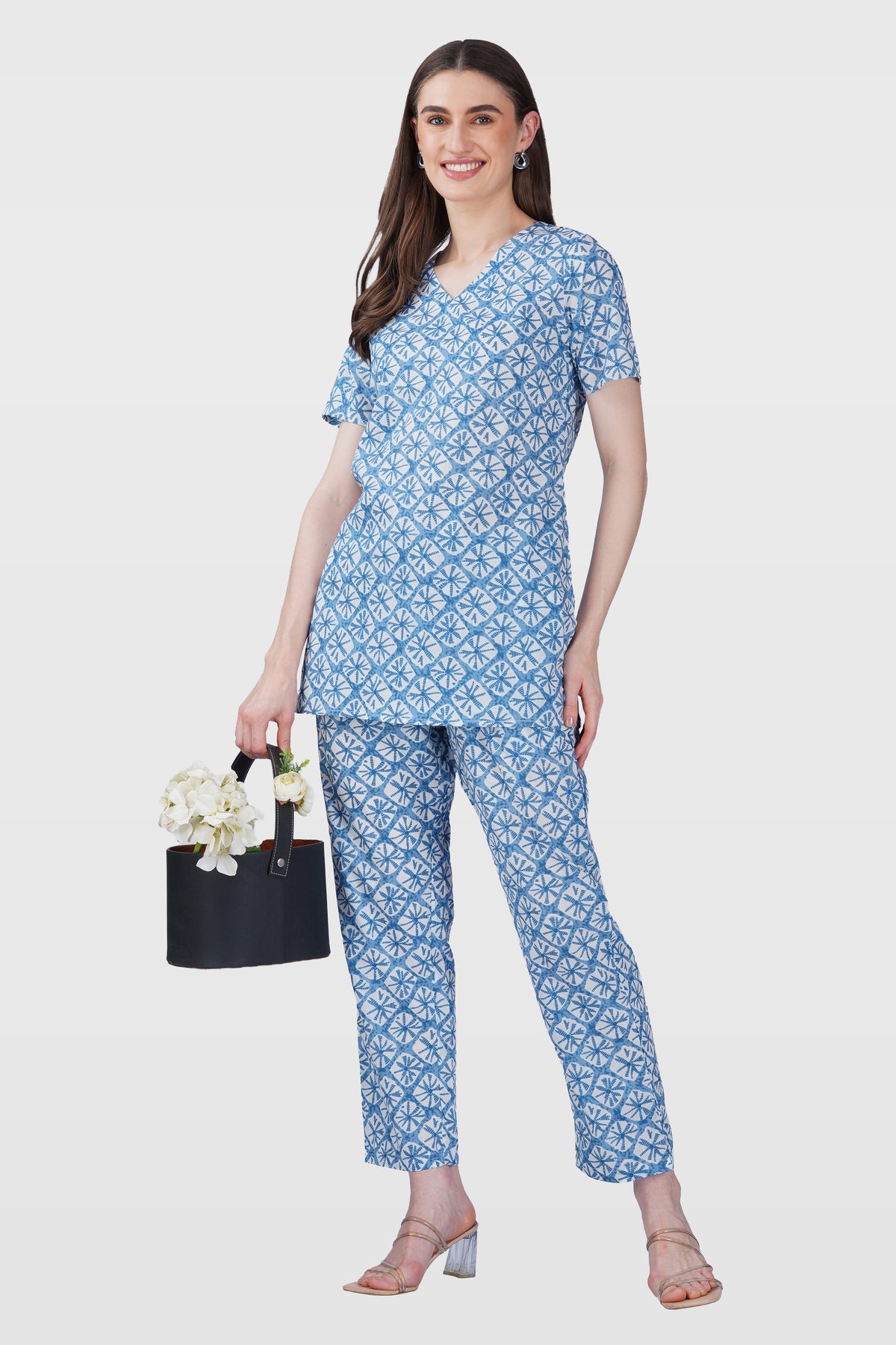 Steel Blue V Neck Cotton Printed Pyjama Set