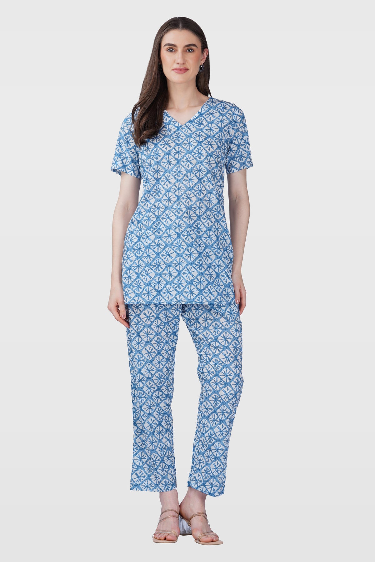 Steel Blue V Neck Cotton Printed Pyjama Set