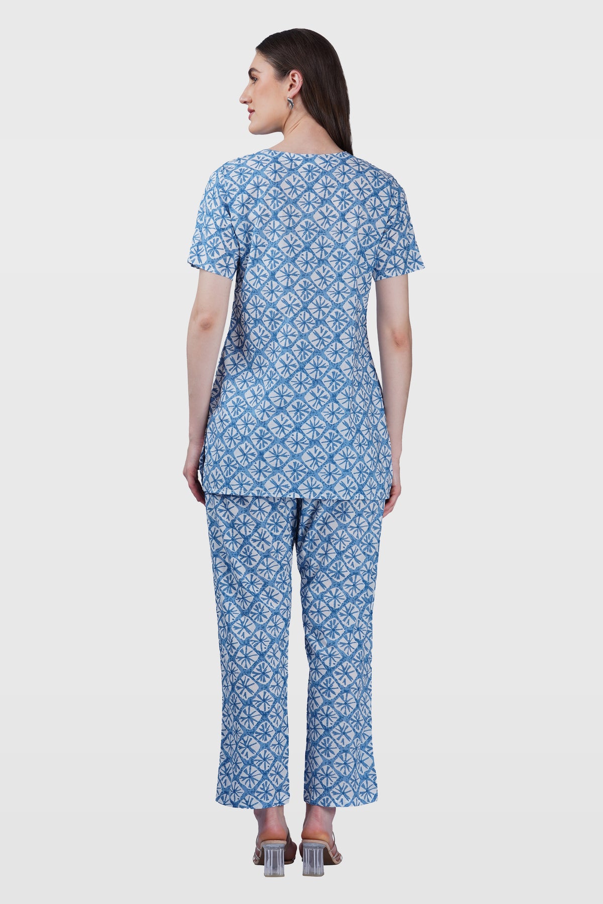 Steel Blue V Neck Cotton Printed Pyjama Set