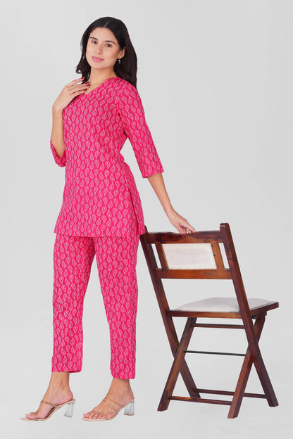 Sundari Pink V Neck Cotton Printed Pyjama Set
