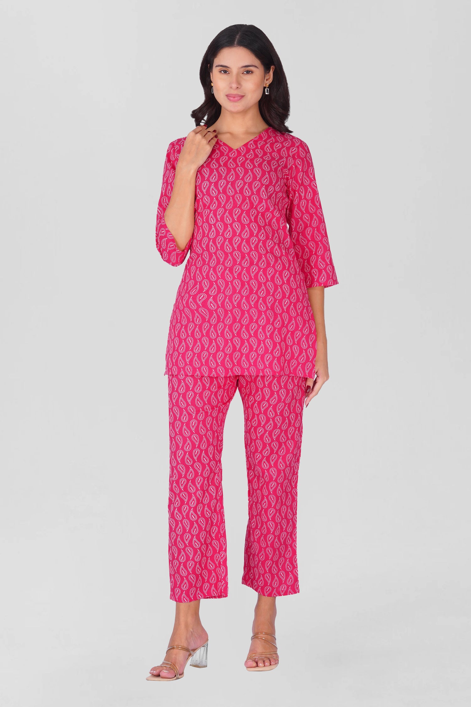 Sundari Pink V Neck Cotton Printed Pyjama Set