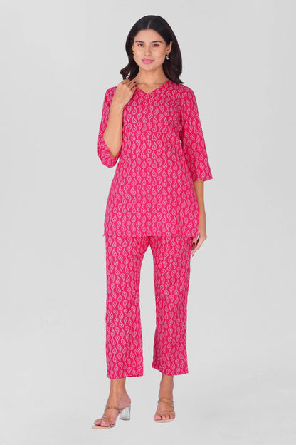 Sundari Pink V Neck Cotton Printed Pyjama Set