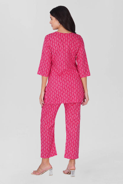 Sundari Pink V Neck Cotton Printed Pyjama Set
